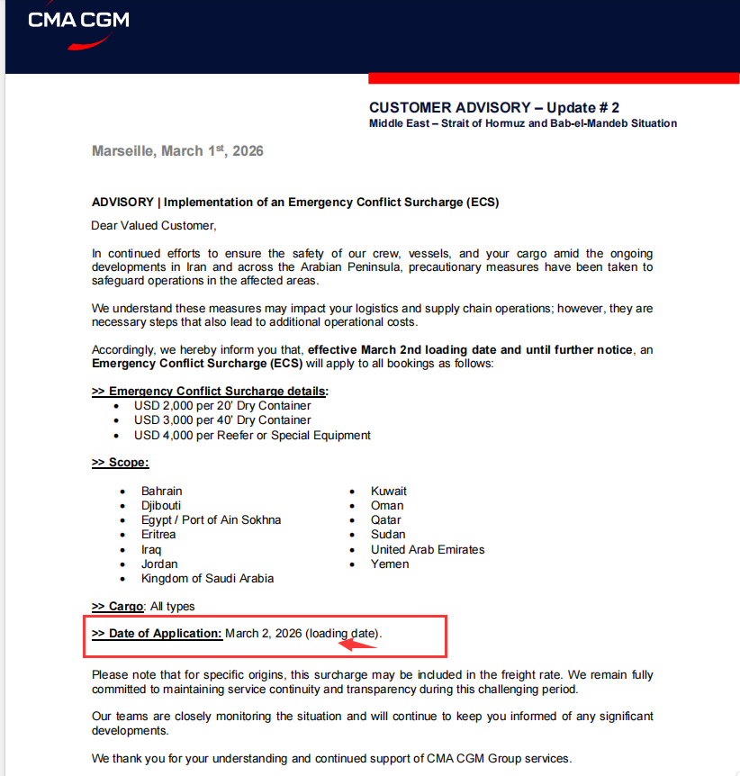紧急|CMA通知船舶尚未抵达目的港货物将加收“战争紧急附加费” USD2000起
