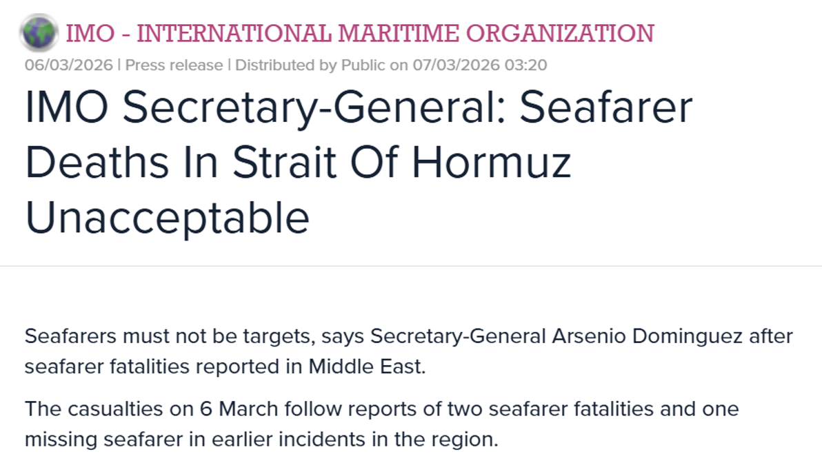 国际海事组织：目前约2万名海员被困海湾地区、4死3重伤