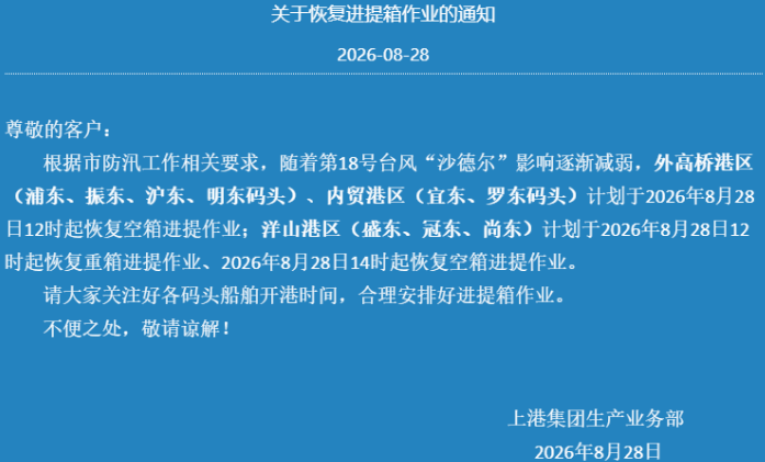 最新!上海港通知:分时段恢复进提箱作业!
